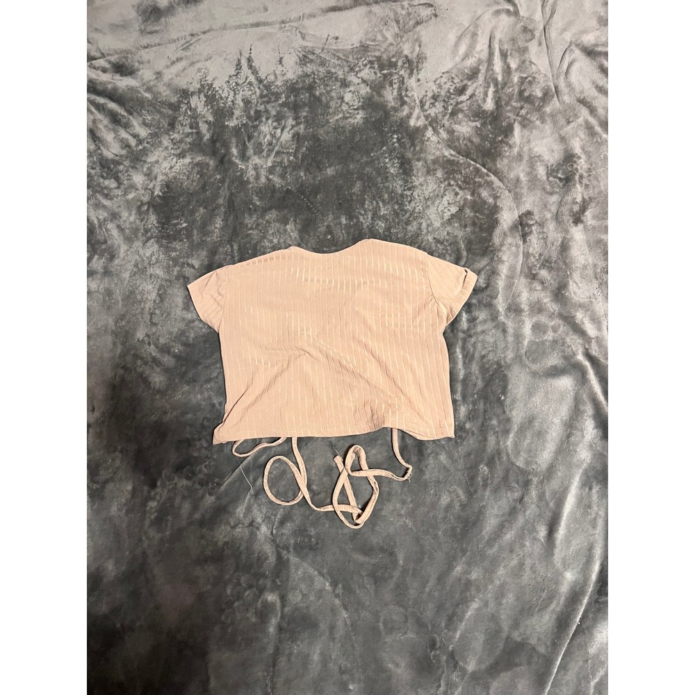 Faded Rose Tan Ribbed Short Sleeve Lace Up Open Back Crop Top Womens Size Medium
